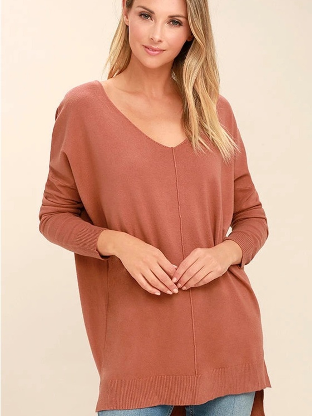 Lulu’s Dreamers Cozy V‑Neck hi-lo Tunic Sweater - Rust